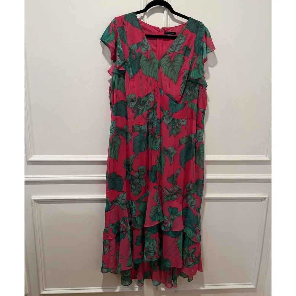 Tommy Hilfiger Women's Size 20W Pink Green Palm‎ Leaf Print Dress